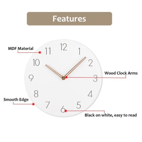 Modern 12" Round Wall Clock, Non-Ticking, White