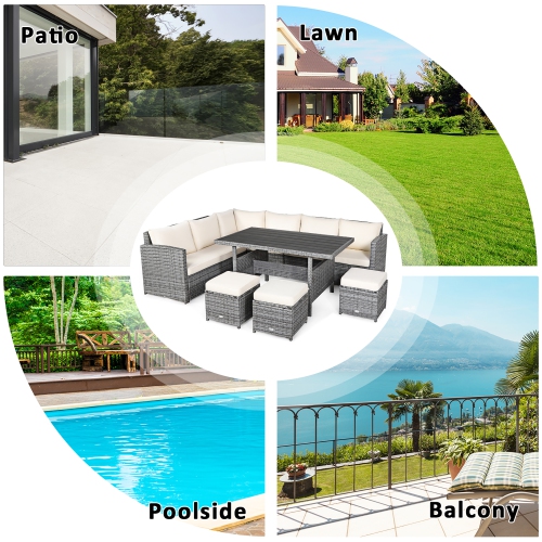 Costway 7 PCS Patio Rattan Dining Set Sectional Sofa Couch Ottoman Garden White
