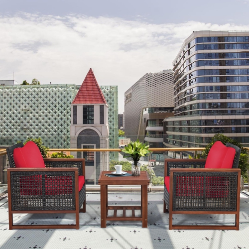Costway 3PCS Patio Wicker Furniture Set Wooden Frame Cushion Sofa