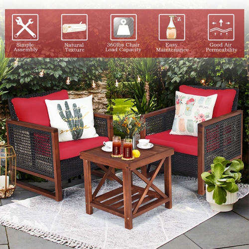 Costway 3PCS Patio Wicker Furniture Set Wooden Frame Cushion Sofa