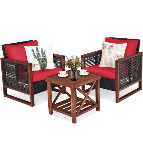 Costway 3PCS Patio Wicker Furniture Set Wooden Frame Cushion Sofa