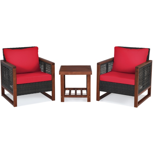 Costway 3PCS Patio Wicker Furniture Set Wooden Frame Cushion Sofa