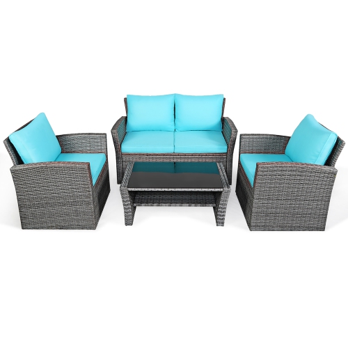 Costway 4PCS Patio Rattan Furniture Set Sofa Table W/Storage Shelf And Cushion