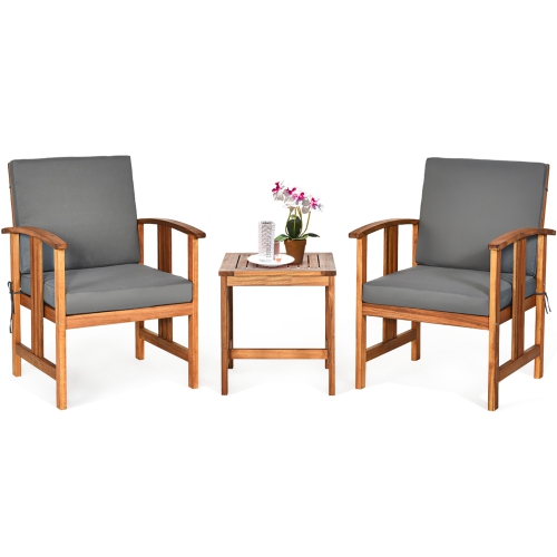 Costway 3PCS Solid Wood Patio Furniture Set Table&Chairs Grey Cushion