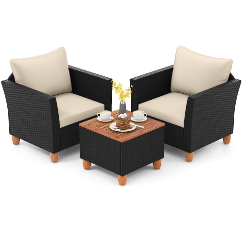Costway 3PCS Outdoor Patio Rattan Furniture Set Wooden Table Top Cushioned Sofa Black