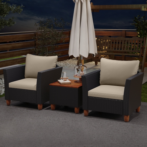 Costway 3PCS Outdoor Patio Rattan Furniture Set Wooden Table Top Cushioned Sofa Black