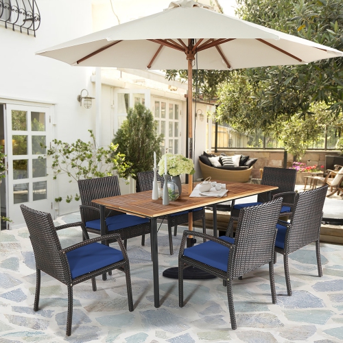 Ensemble de mobilier de patio en rotin avec table à manger et fauteuils avec coussins et orifice pour parasol 7&nbsp;pièces de Costway