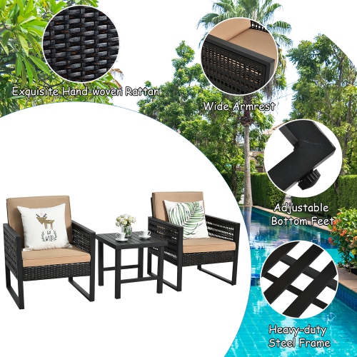 Costway 3PCS Patio Rattan Bistro Furniture Set Cushioned Sofa Chair Coffee Table Garden