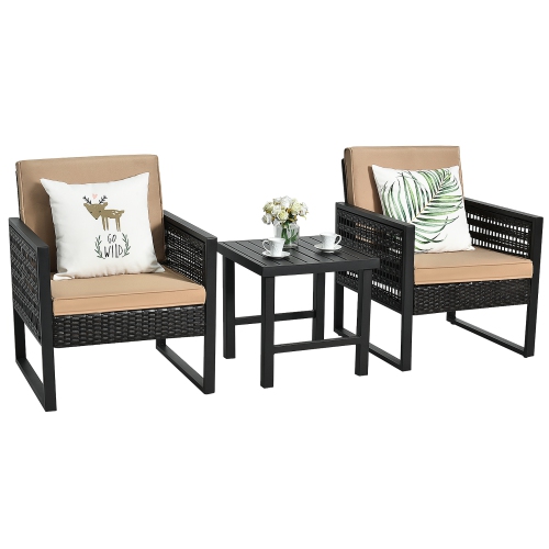 Costway 3PCS Patio Rattan Bistro Furniture Set Cushioned Sofa Chair Coffee Table Garden