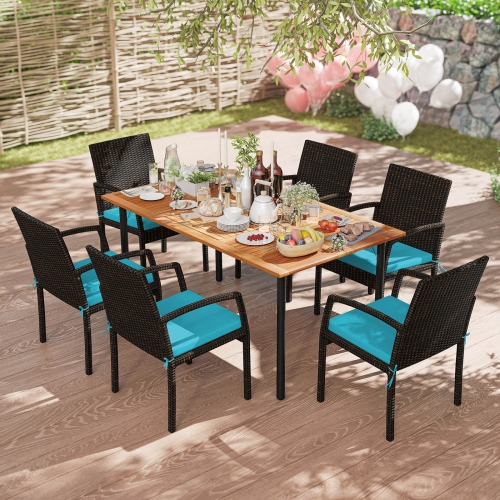 Ensemble de 7 pièces avec table à dîner en rotin et coussin de Costway avec trou pour parasol