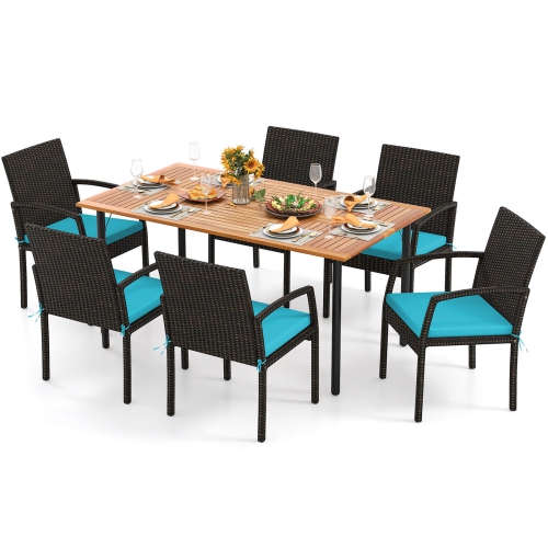Ensemble de 7 pièces avec table à dîner en rotin et coussin de Costway avec trou pour parasol