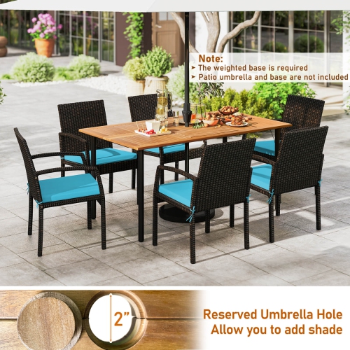 Ensemble de 7 pièces avec table à dîner en rotin et coussin de Costway avec trou pour parasol