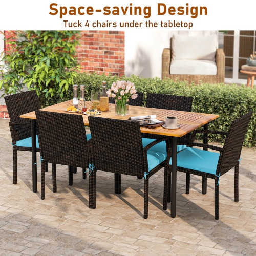 Ensemble de 7 pièces avec table à dîner en rotin et coussin de Costway avec trou pour parasol