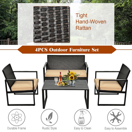 Costway 4PCS Patio Rattan Furniture Set Cushioned Sofa Coffee Table Garden Deck Brown
