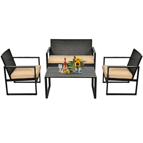 Costway 4PCS Patio Rattan Furniture Set Cushioned Sofa Coffee Table Garden Deck Brown