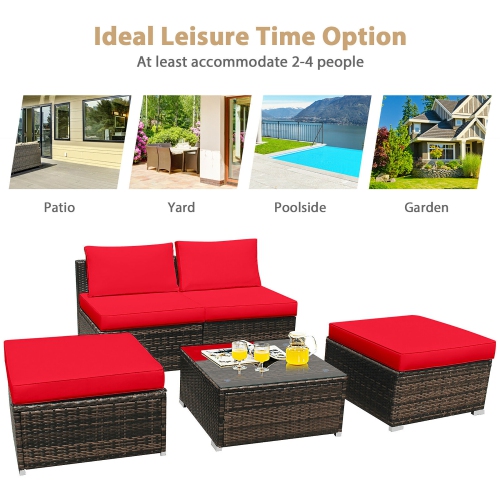 Costway 5PCS Patio Rattan Wicker Furniture Set Armless Sofa Cushioned