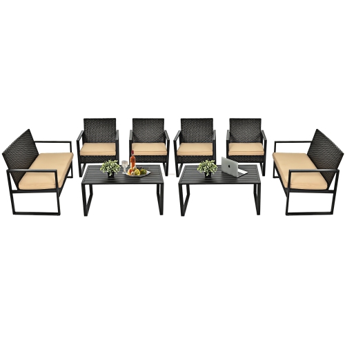 Costway 8PCS Patio Rattan Furniture Set Cushioned Sofa Coffee Table Garden Deck Brown