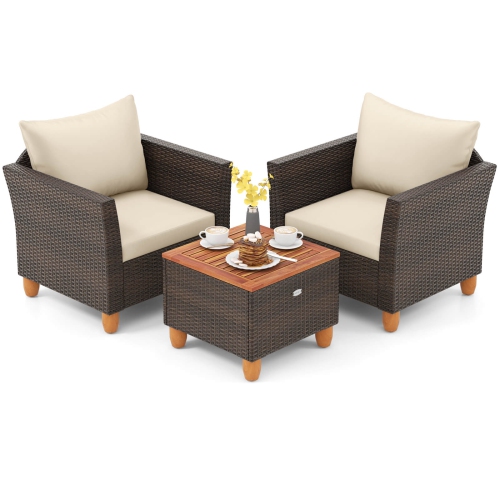 Costway 3 PCS Outdoor Patio Rattan Bistro Furniture Set Wooden Table Top Cushioned Sofa