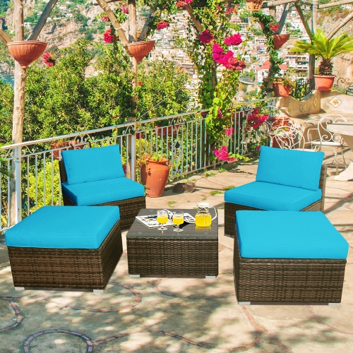 Costway 5PCS Patio Rattan Wicker Furniture Set Armless Sofa Ottoman Cushioned Turquoise