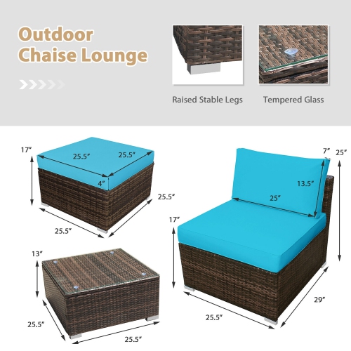 Costway 5PCS Patio Rattan Wicker Furniture Set Armless Sofa Ottoman Cushioned Turquoise