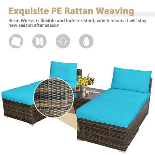Costway 5PCS Patio Rattan Wicker Furniture Set Armless Sofa Ottoman Cushioned Turquoise