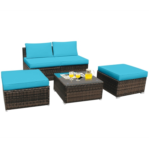 Costway 5PCS Patio Rattan Wicker Furniture Set Armless Sofa Ottoman Cushioned Turquoise