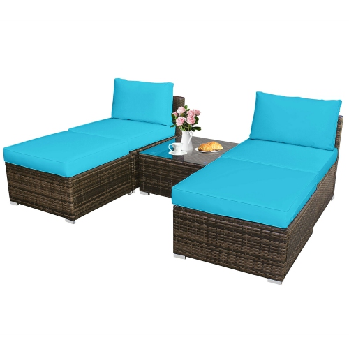 Costway 5PCS Patio Rattan Wicker Furniture Set Armless Sofa Ottoman Cushioned Turquoise