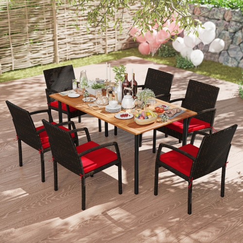 Costway 7PCS Patio Rattan Dining Chair Table Set W/ Cushion Umbrella Hole