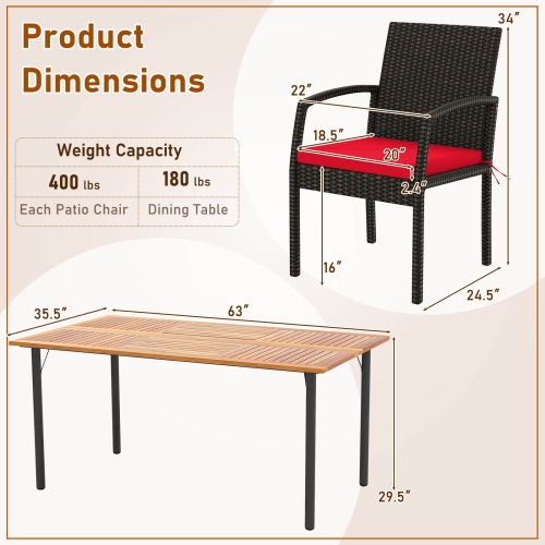 Costway 7PCS Patio Rattan Dining Chair Table Set W/ Cushion Umbrella Hole