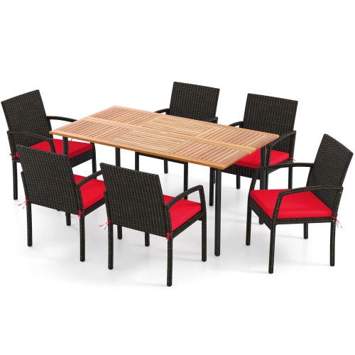 Costway 7PCS Patio Rattan Dining Chair Table Set W/ Cushion Umbrella Hole