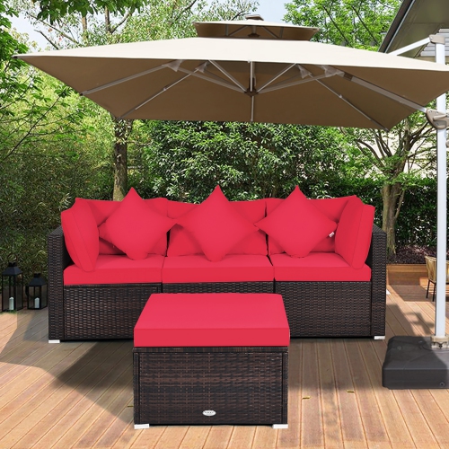Costway 4PCS Patio Rattan Wicker Furniture Set Cushioned Sofa Ottoman Garden Deck Red