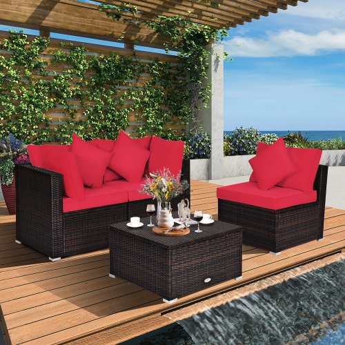 Costway 4PCS Patio Rattan Wicker Furniture Set Cushioned Sofa Ottoman Garden Deck Red