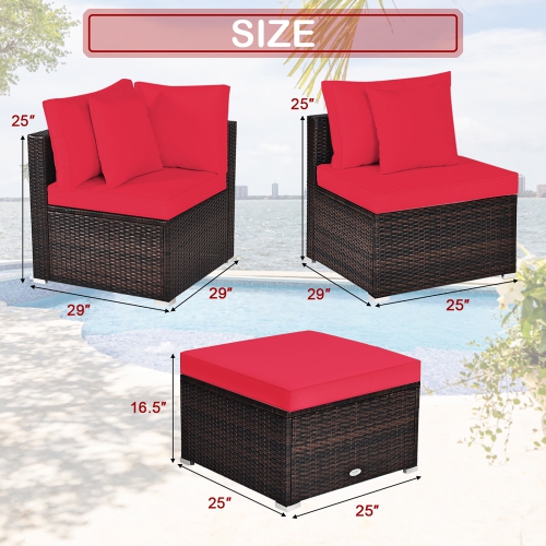 Costway 4PCS Patio Rattan Wicker Furniture Set Cushioned Sofa Ottoman Garden Deck Red
