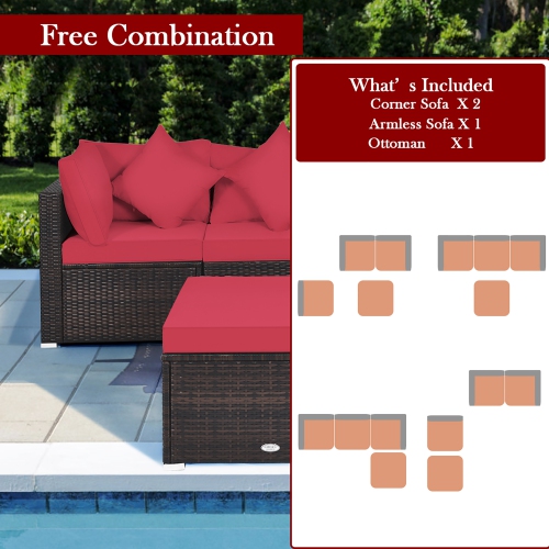 Costway 4PCS Patio Rattan Wicker Furniture Set Cushioned Sofa Ottoman Garden Deck Red