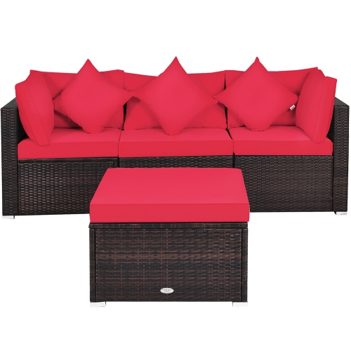 Costway 4PCS Patio Rattan Wicker Furniture Set Cushioned Sofa Ottoman Garden Deck Red