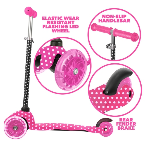 Rugged Racer Mini Deluxe 3-Wheel Scooter with LED Lights and Pink Polka Dot Design