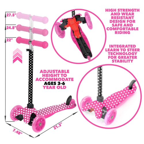 Rugged Racer Mini Deluxe 3-Wheel Scooter with LED Lights and Pink Polka Dot Design