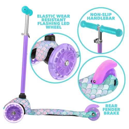 Rugged Racer Mini Deluxe 3 Wheel Scooter With LED Lights, Mermaid Design