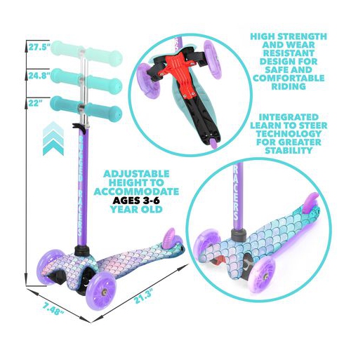 Rugged Racer Mini Deluxe 3 Wheel Scooter With LED Lights, Mermaid Design