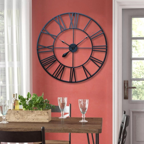 Horloge murale rétro avec chiffres romains noirs ronds de 32 po