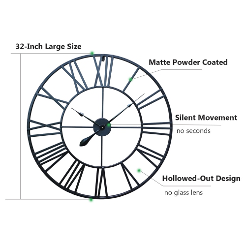 Horloge murale rétro avec chiffres romains noirs ronds de 32 po