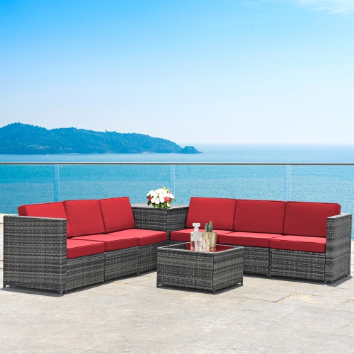 GYMAX  8PCs Patio Rattan Sofa Sectional Conversation Furniture Set W/ Cushion In Red