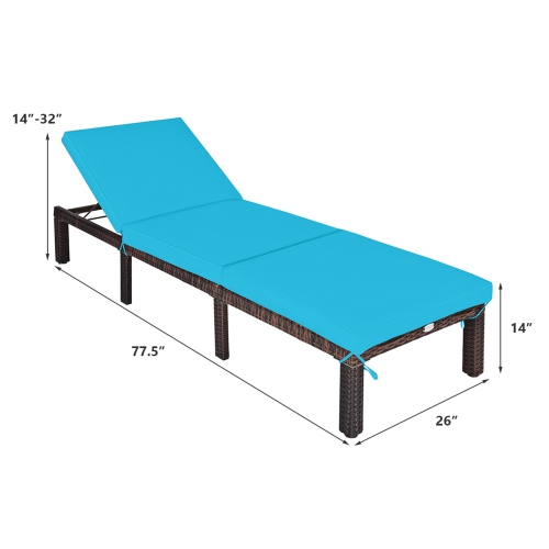 Gymax 2PCS Adjustable Patio Rattan Chaise Lounge Chair Recliner Outdoor w/ Turquoise Cushion