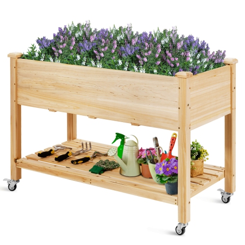 GYMAX  Raised Garden Bed Wood Elevated Planter Bed W/lockable Wheels Shelf & Liner