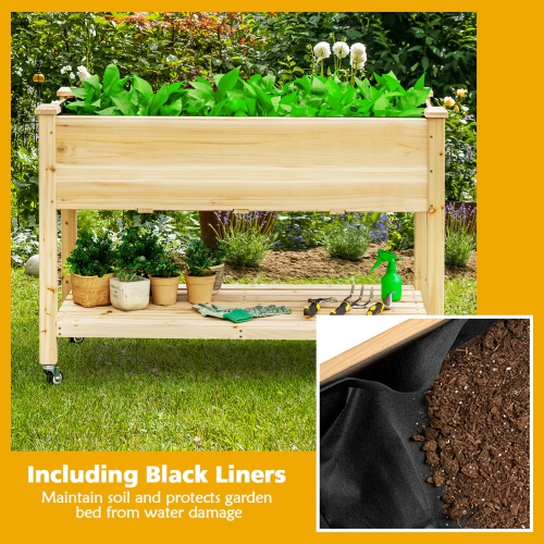 Gymax Raised Garden Bed Wood Elevated Planter Bed w/Lockable Wheels Shelf & Liner