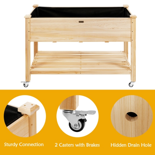 Gymax Raised Garden Bed Wood Elevated Planter Bed w/Lockable Wheels Shelf & Liner