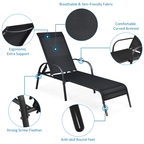 Gymax 2PCS Adjustable Chaise Lounge Chair Recliner Patio Yard Outdoor w/ Armrest Black