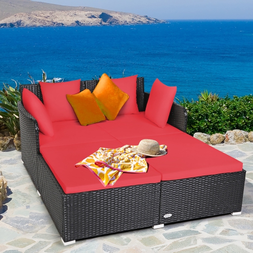 Costway Outdoor Patio Rattan Daybed Pillows Cushioned Sofa Furniture