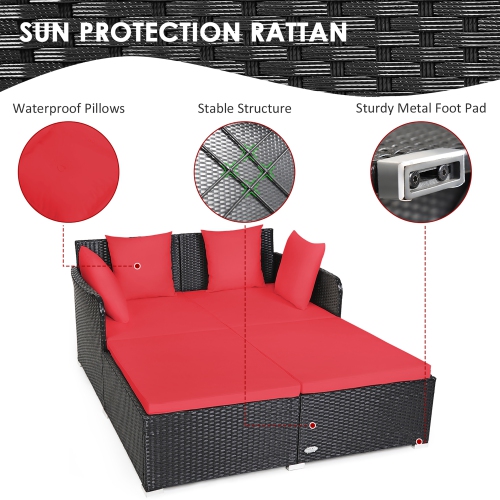 Costway Outdoor Patio Rattan Daybed Pillows Cushioned Sofa Furniture