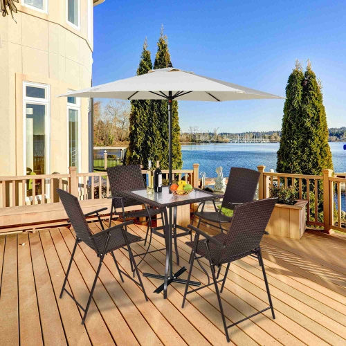 Costway 5Pcs Patio Dining Set 4 Rattan Bar Stool Folding Chair Bar Table with Glass Top